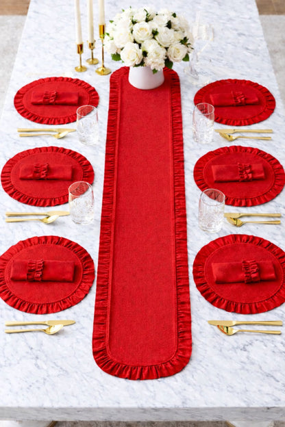 Lovely Serisi Yuvarlak Kırmızı Dak Keten Kumaş Fırfır Detaylı 6 Kişilik 13 Parça Servis Sofra Takımı