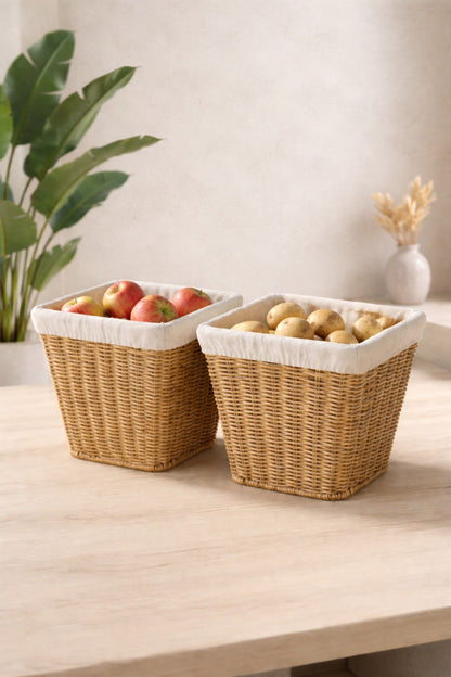 2'li Rattan Hasır Sebzelik Kare Saklama Sepeti – Mutfak Meyve Patates Soğan Organizer
