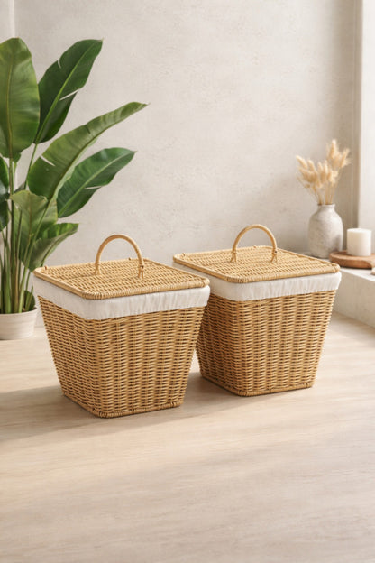 2'li Rattan Hasır Sebzelik Kare Saklama Sepeti – Mutfak Meyve Patates Soğan Organizer