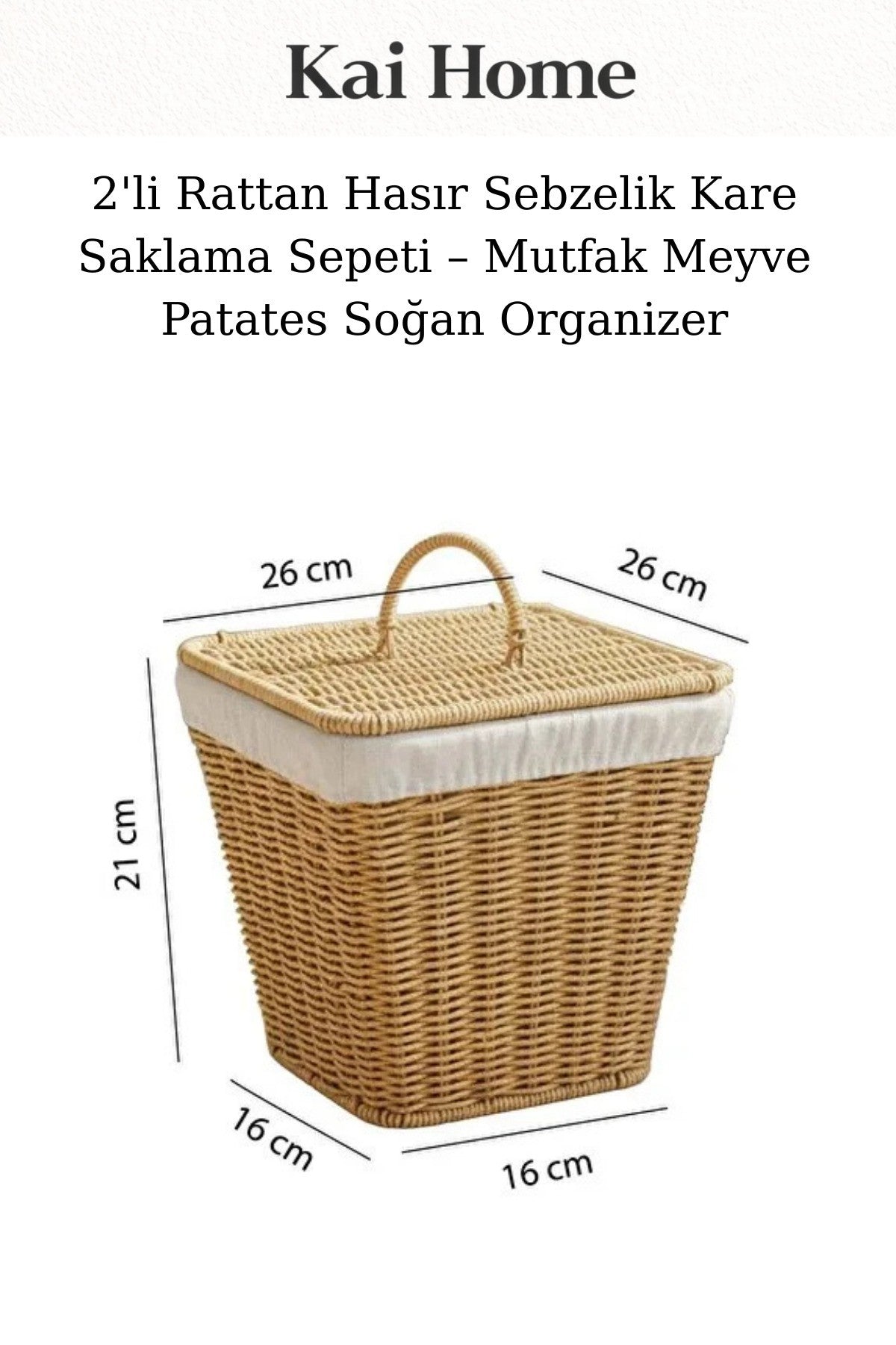 2'li Rattan Hasır Sebzelik Kare Saklama Sepeti – Mutfak Meyve Patates Soğan Organizer
