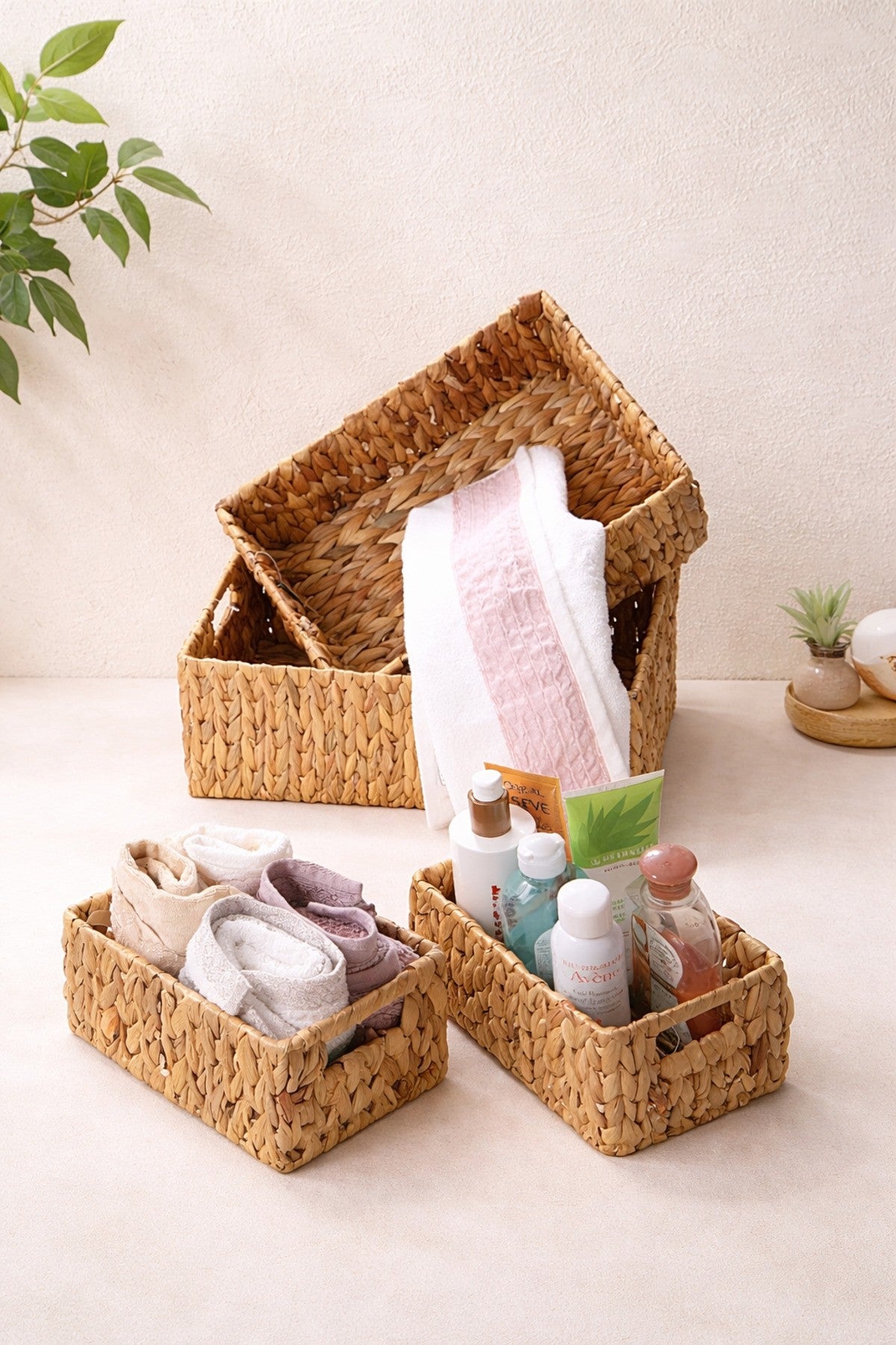4’lü Pinterest Tarzı Dekoratif Hasır Sepet Seti – Mutfak Banyo Organizer