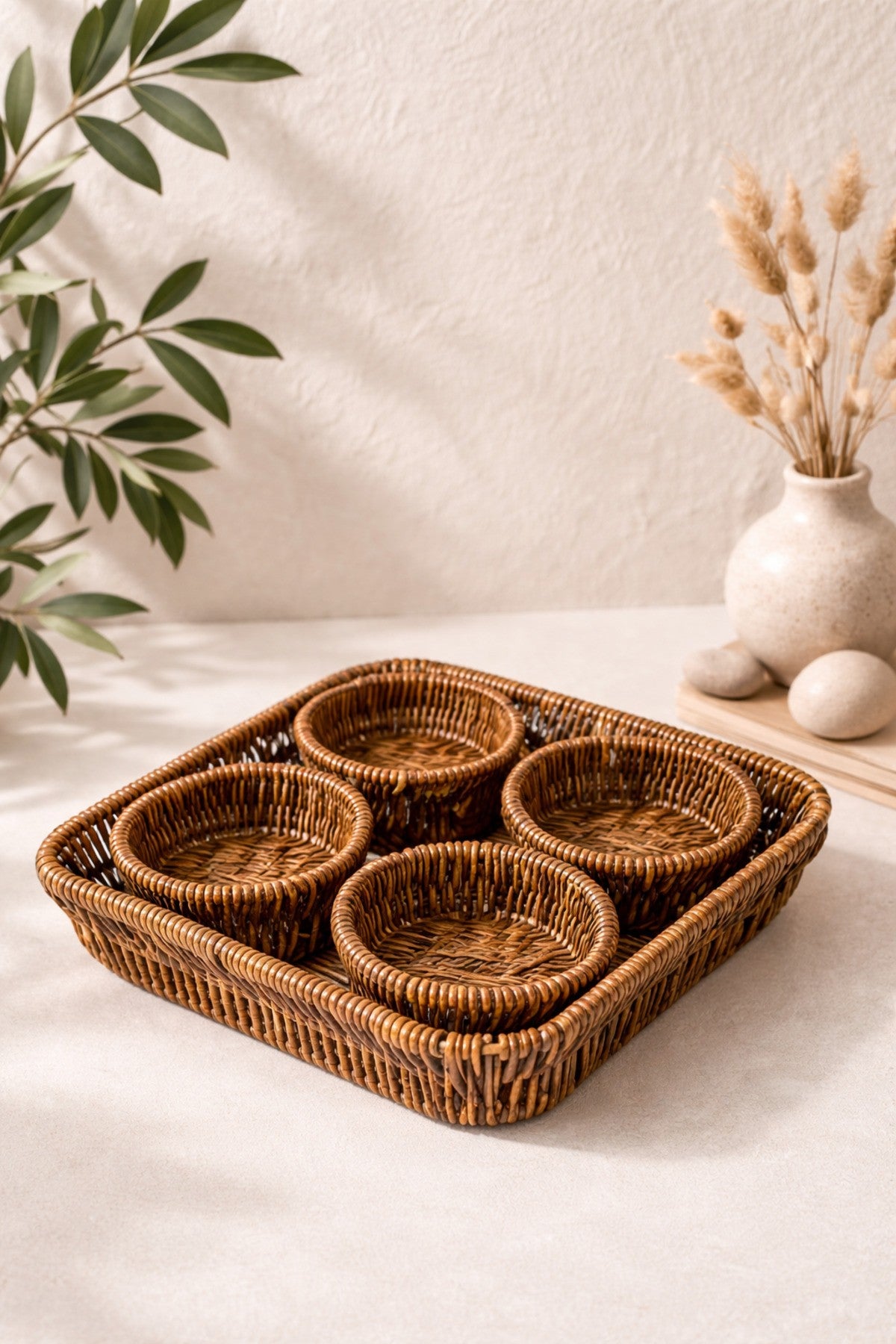 5 Parça Rattan Görünümlü Çerezlik / Sunumluk / Piknik Seti