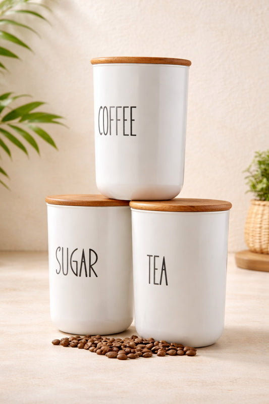 3lü Plastik Bambu Kapaklı Çay/Kahve/Şeker Kavanozu