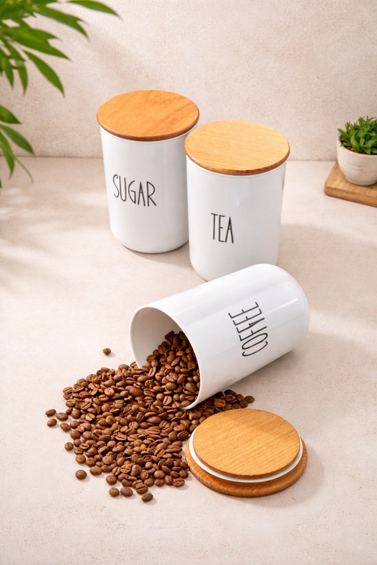 3lü Plastik Bambu Kapaklı Çay/Kahve/Şeker Kavanozu