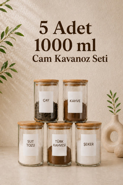 Bambu Kapak Vakumlu, Etiketli 5Li Cam Saklama Kabı