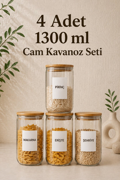 Bambu Vakum Kapaklı 4Lü Büyük Boy Cam Kavanoz
