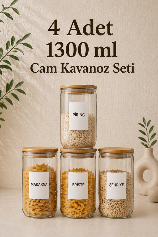 Bambu Vakum Kapaklı 4Lü Büyük Boy Cam Kavanoz