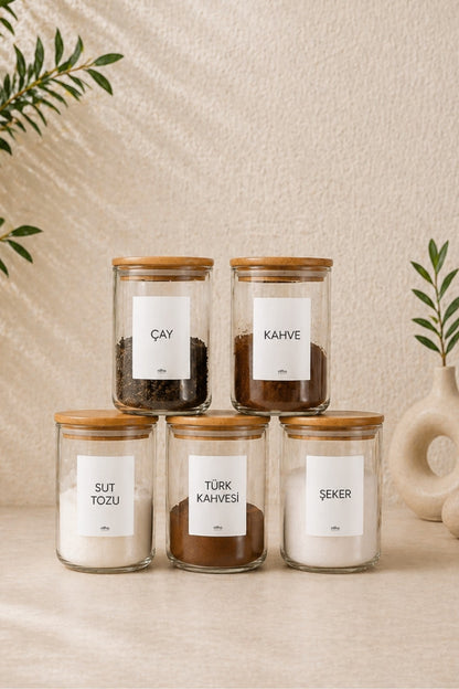 Bambu Kapak Vakumlu, Etiketli 5Li Cam Saklama Kabı