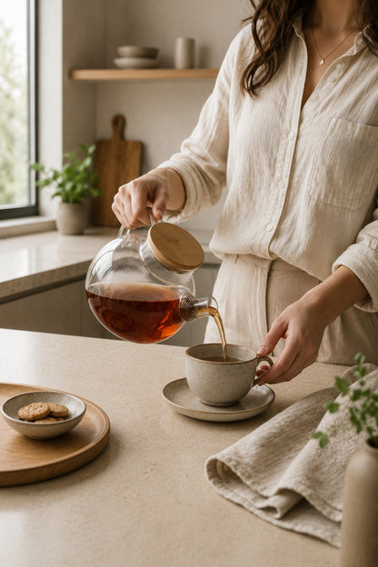 Bambu Kapaklı 1 Litre Isıya Dayanıklı Süzgeçli Cam Demlik