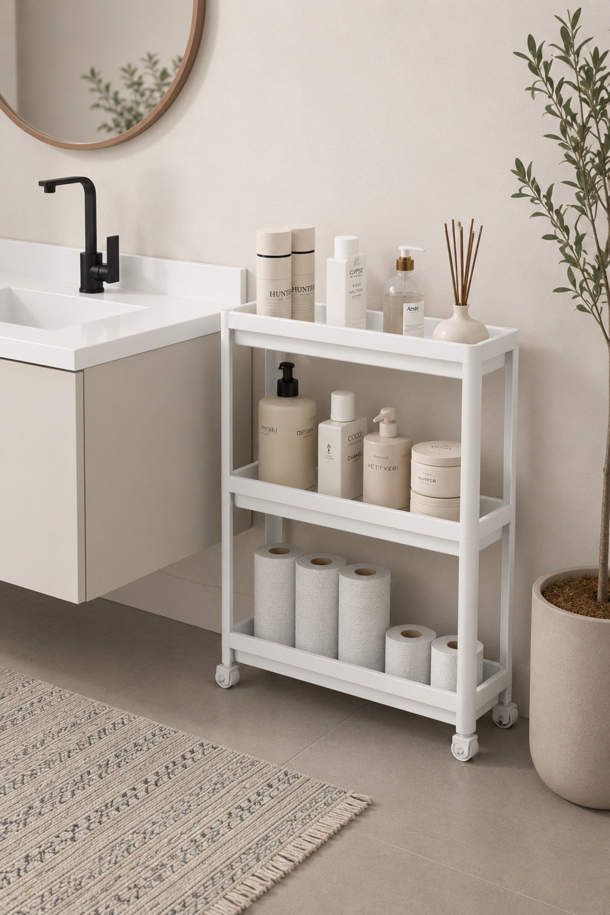 3 Katlı Beyaz Tekerlekli Organizer Raf Ünitesi – Dar Alan Banyo ve Mutfak Düzenleyici.