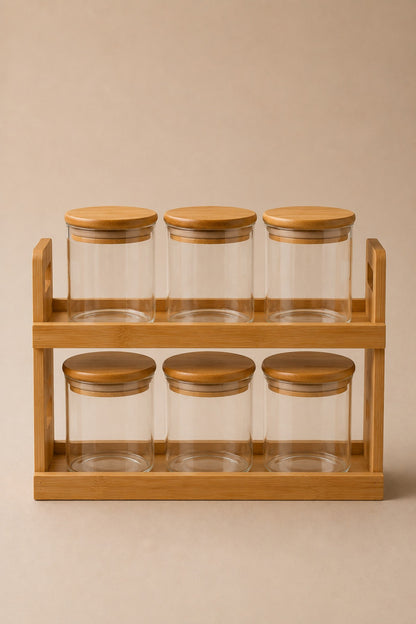 6’lı Bambu Standlı Cam Baharatlık Set Organizer