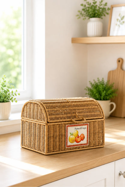 2 Bölmeli Rattan Sebzelik Sepet - Hasır Kapaklı Patates Soğan Sebze Sepeti Mufak Organizer