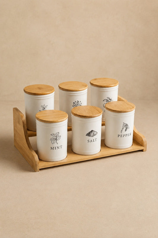 Bambu Standlı 6'lı Baharat Takımı Merdiven Standlı