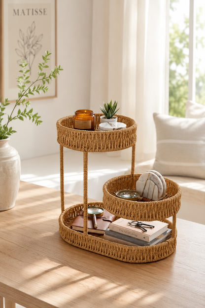 3 Katlı Rattan Organizer Sepet Meyvelik, Makyaj Organizeri, Banyo ve Mutfak Düzenleyici, Dekoratif Hasır Stand