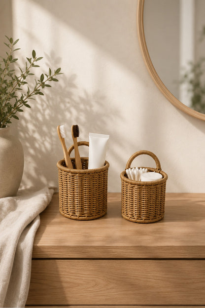 Rattan 2 Boy Kulplu Sepet Asılabilir Dekoratif Saksı 2'Li Kulplu Çiçeklik Sepet Seti