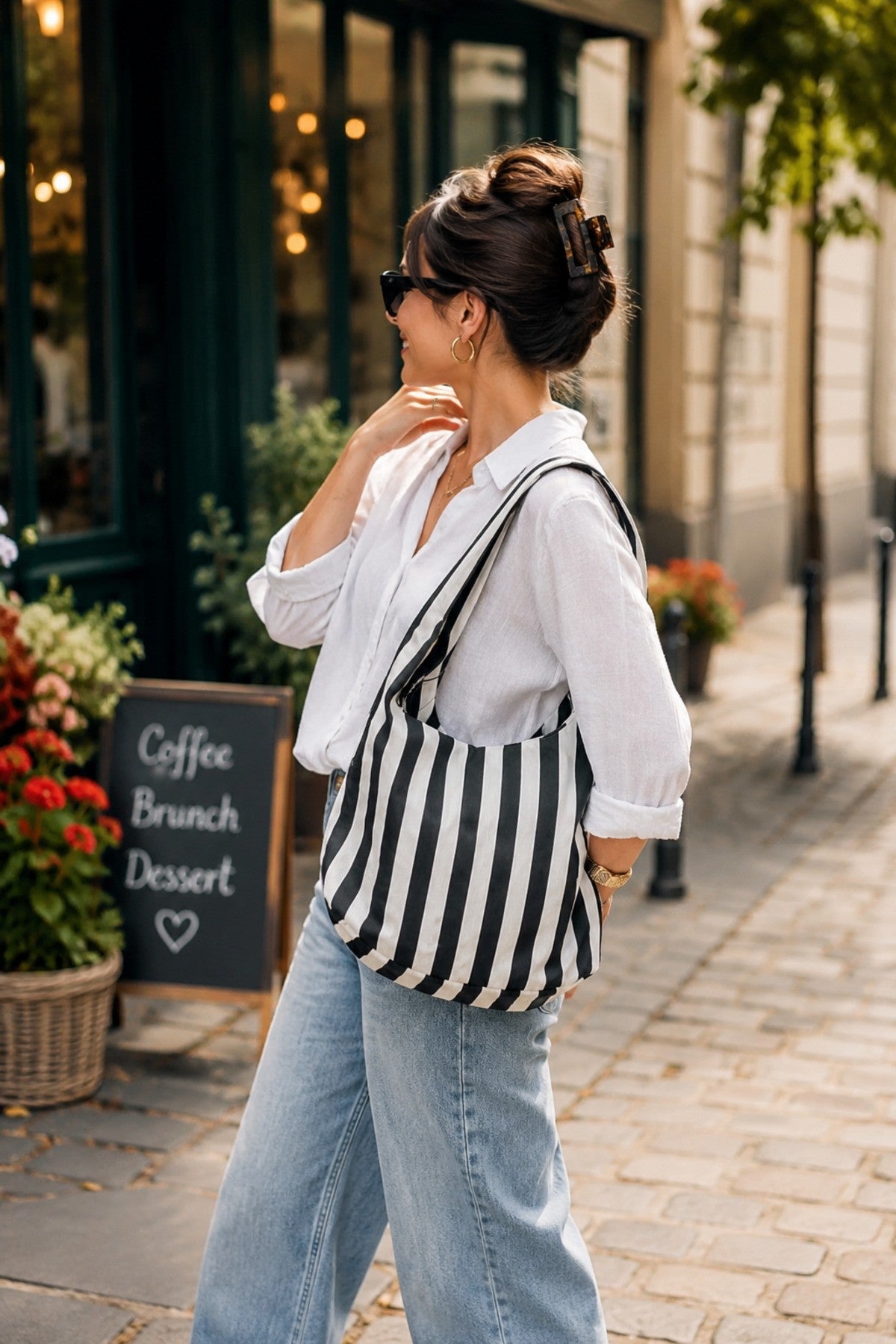 Stripe Bağlama Kulp Çanta / Tote