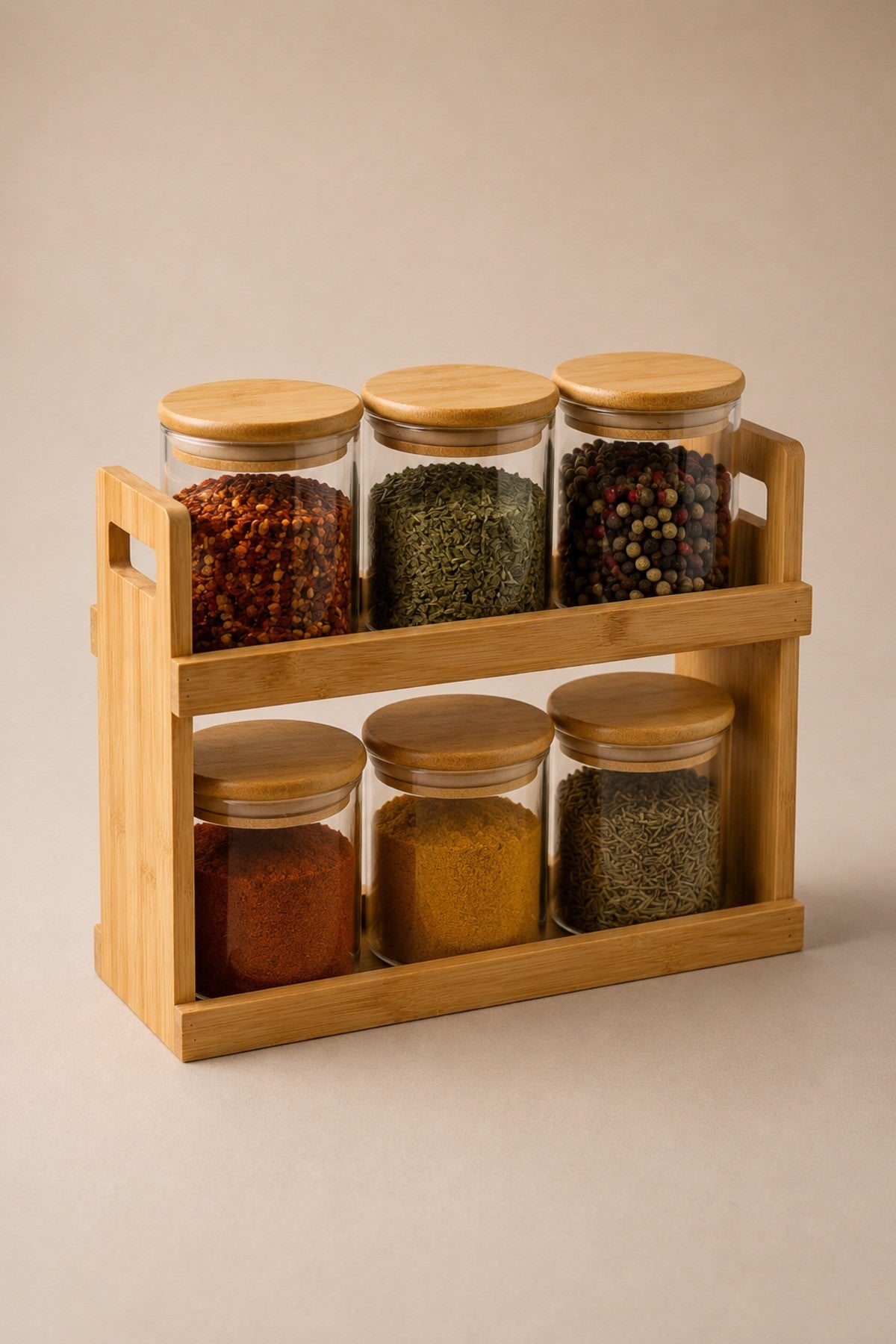 6’lı Bambu Standlı Cam Baharatlık Set Organizer
