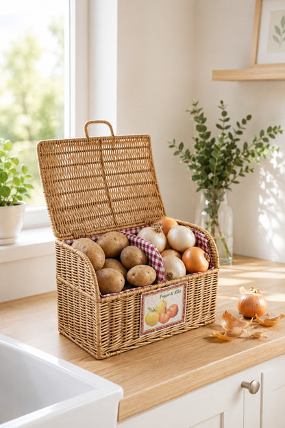 2 Bölmeli Rattan Sebzelik Sepet - Hasır Kapaklı Patates Soğan Sebze Sepeti Mufak Organizer