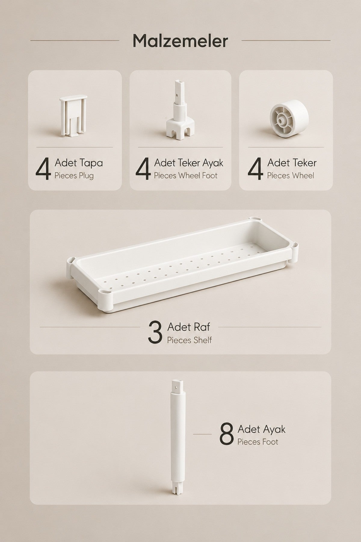 3 Katlı Beyaz Tekerlekli Organizer Raf Ünitesi – Dar Alan Banyo ve Mutfak Düzenleyici.