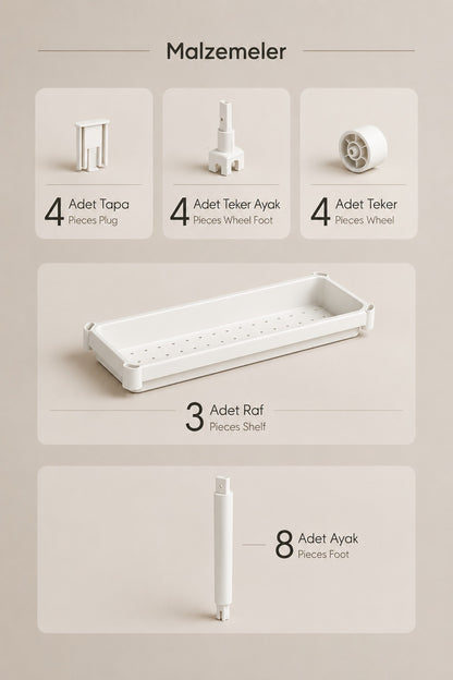 3 Katlı Beyaz Tekerlekli Organizer Raf Ünitesi – Dar Alan Banyo ve Mutfak Düzenleyici.