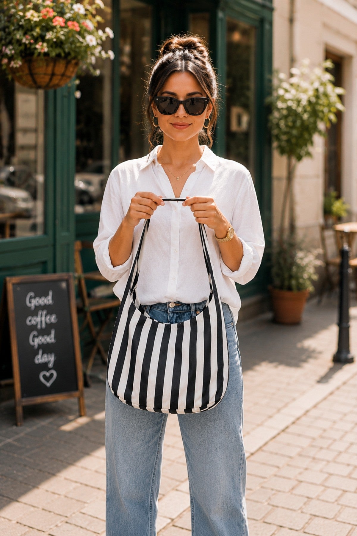 Stripe Bağlama Kulp Çanta / Tote