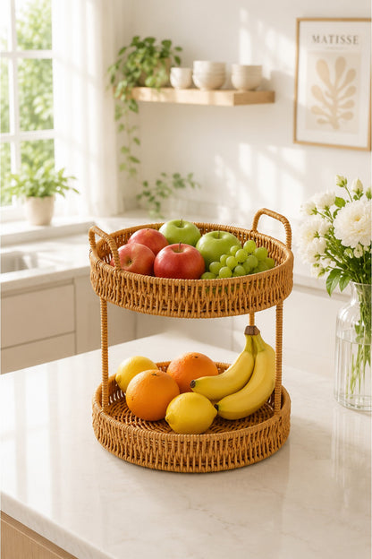 2 Katlı Rattan Organizer Sepet – Mutfak, Banyo ve Makyaj Düzenleyici