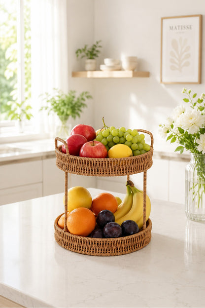 2 Katlı Rattan Organizer Sepet – Mutfak, Banyo ve Makyaj Düzenleyici