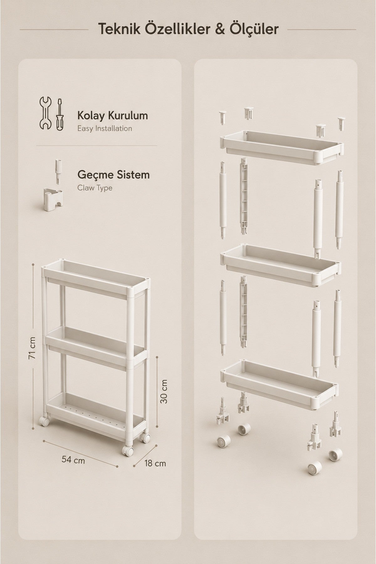 3 Katlı Beyaz Tekerlekli Organizer Raf Ünitesi – Dar Alan Banyo ve Mutfak Düzenleyici.