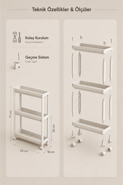 3 Katlı Beyaz Tekerlekli Organizer Raf Ünitesi – Dar Alan Banyo ve Mutfak Düzenleyici.