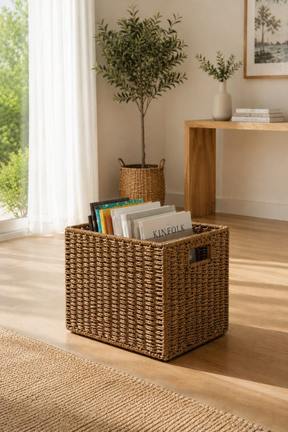 Hasır Düzenleyici Sepet 30x30 cm Doğal El Örgüsü Dekoratif Saklama Sepeti Havlu, Oyuncak, Saksılık ve Dergilik