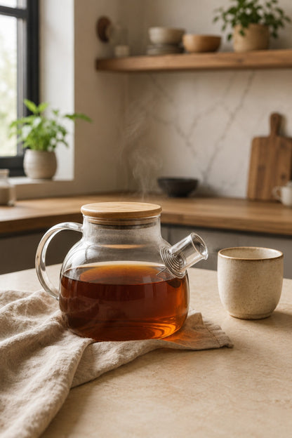 Bambu Kapaklı 1 Litre Isıya Dayanıklı Süzgeçli Cam Demlik
