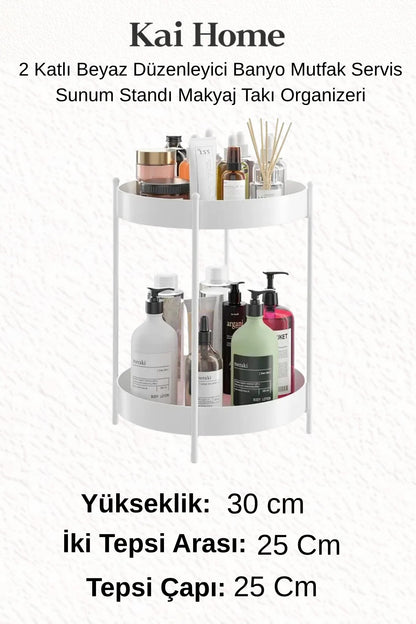 2 Katlı Beyaz Düzenleyici Banyo Mutfak Servis Sunum Standı Makyaj Takı Organizeri
