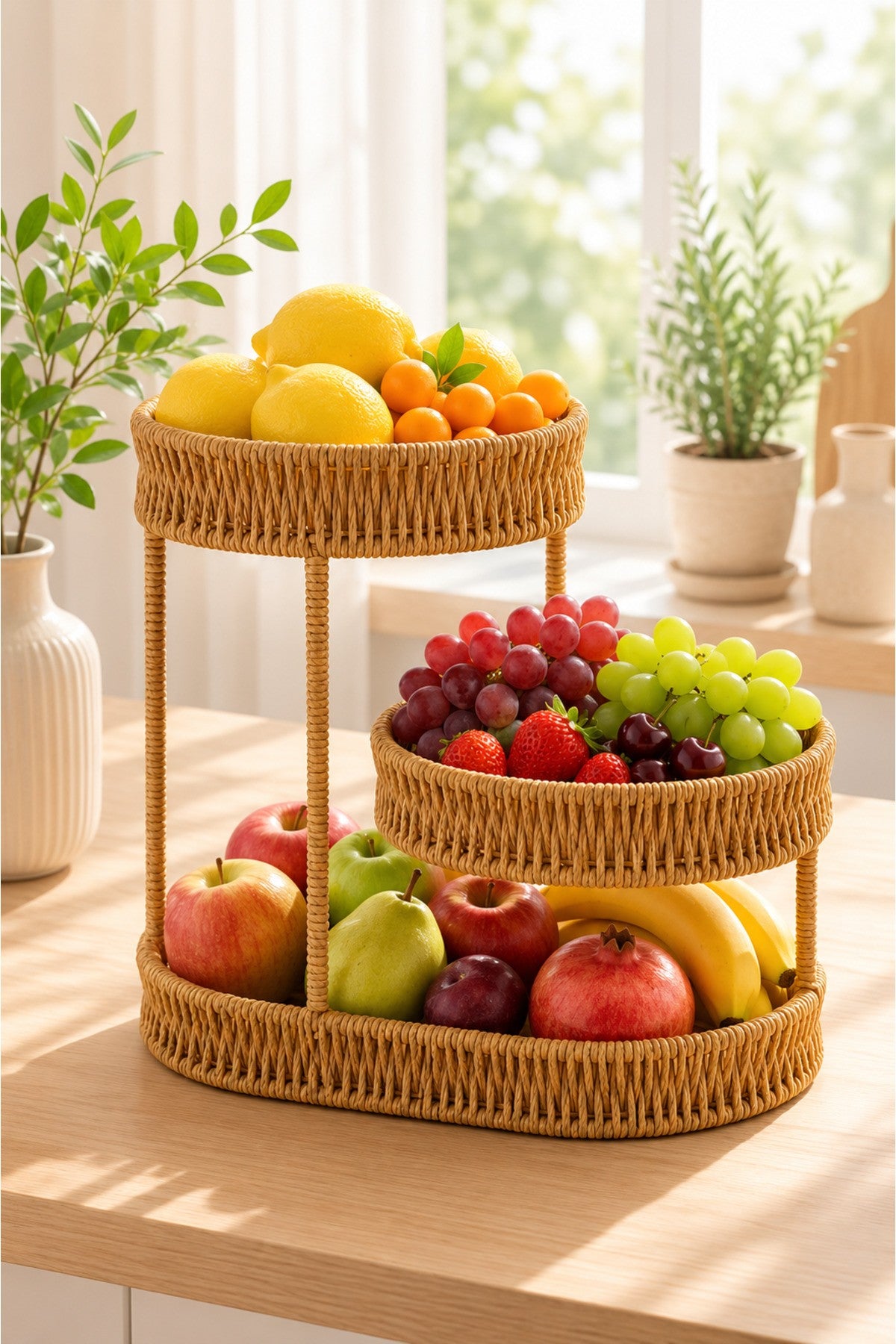 3 Katlı Rattan Organizer Sepet Meyvelik, Makyaj Organizeri, Banyo ve Mutfak Düzenleyici, Dekoratif Hasır Stand
