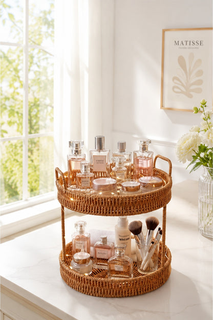 2 Katlı Rattan Organizer Sepet – Mutfak, Banyo ve Makyaj Düzenleyici