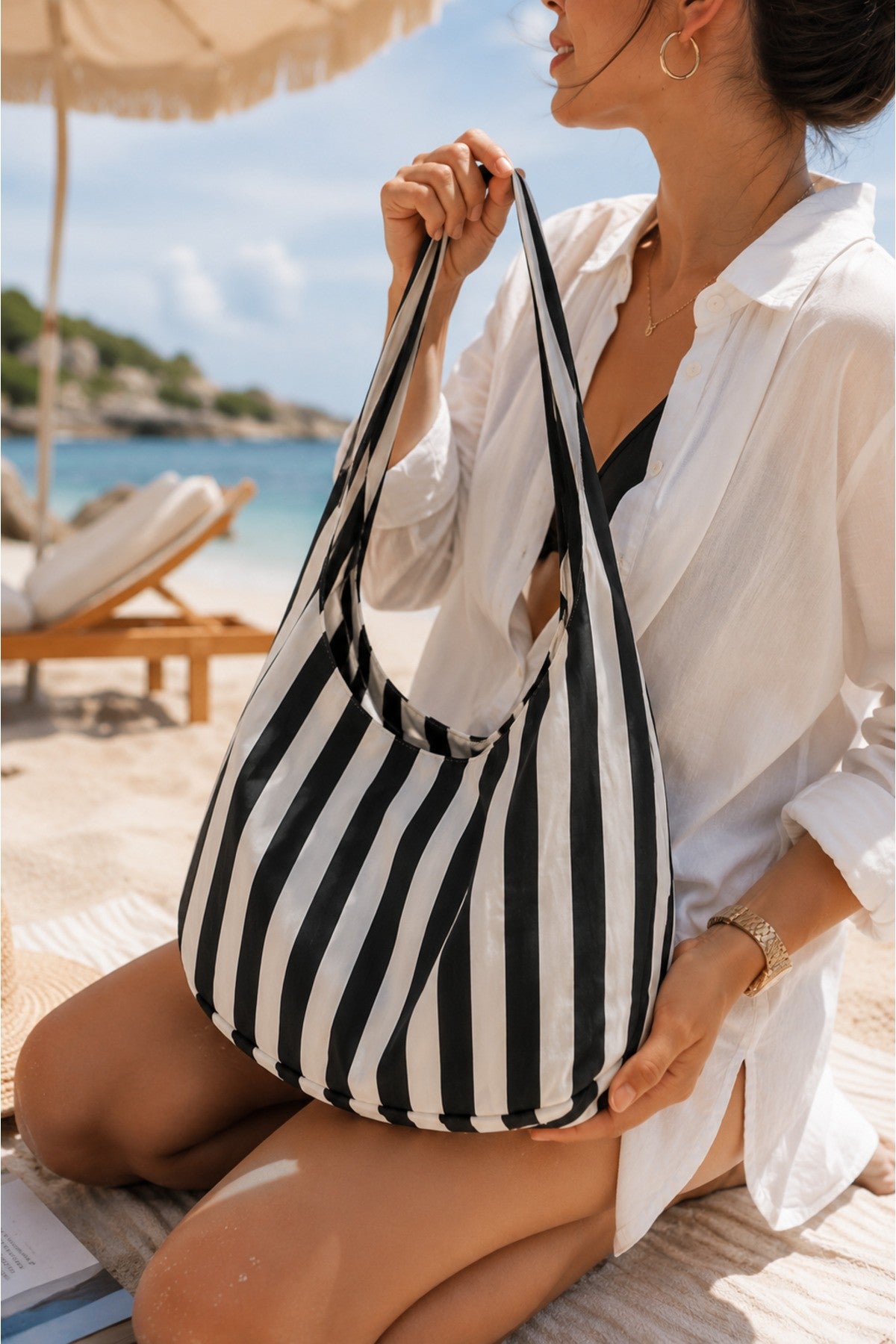 Stripe Bağlama Kulp Çanta / Tote