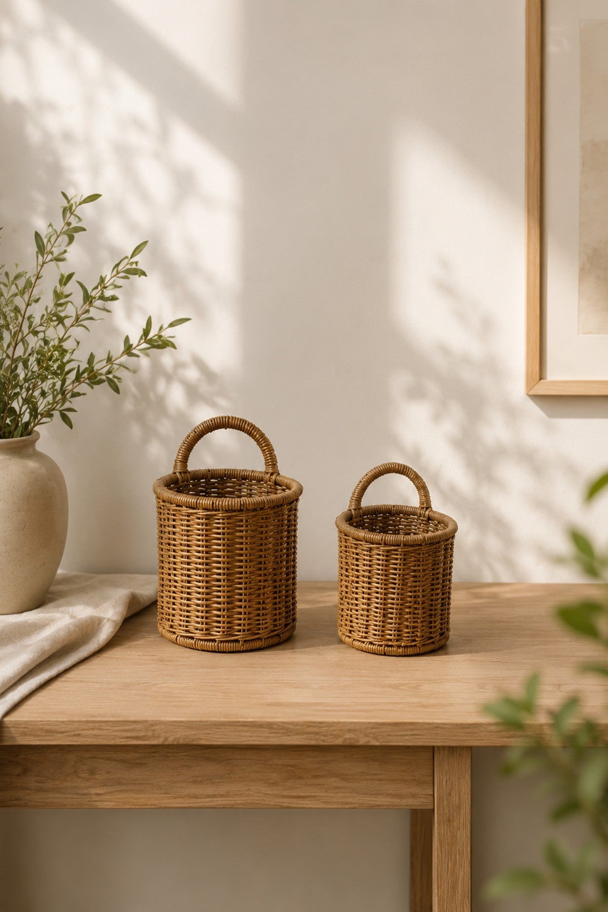 Rattan 2 Boy Kulplu Sepet Asılabilir Dekoratif Saksı 2'Li Kulplu Çiçeklik Sepet Seti