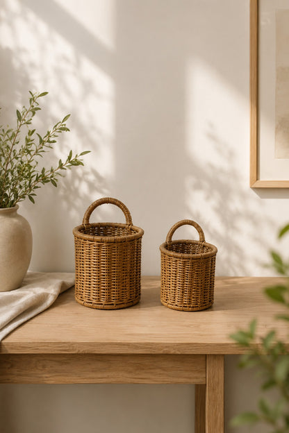 Rattan 2 Boy Kulplu Sepet Asılabilir Dekoratif Saksı 2'Li Kulplu Çiçeklik Sepet Seti
