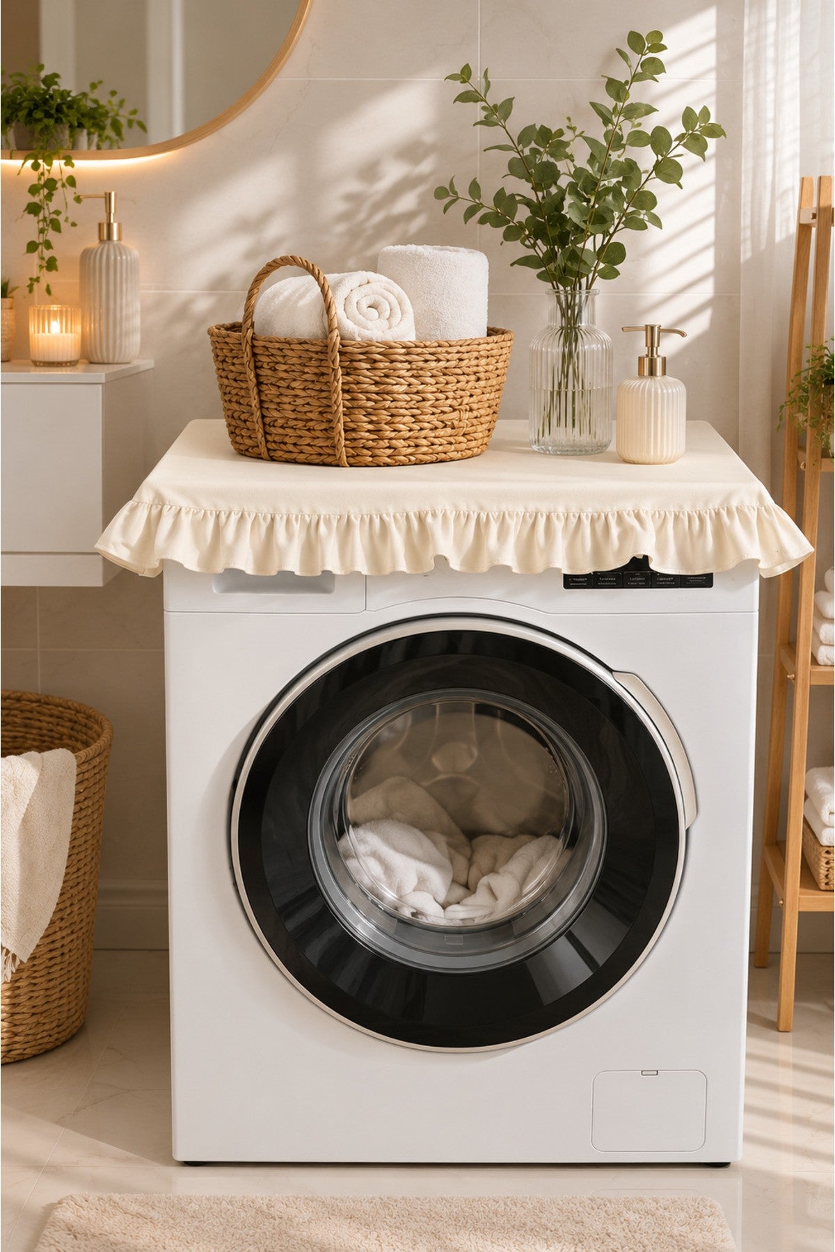 Fırfırlı Çamaşır Makinesi Örtüsü | Pamuklu Dekoratif Banyo ve Çamaşır Odası Kılıfı