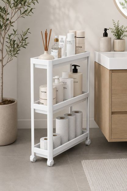 3 Katlı Beyaz Tekerlekli Organizer Raf Ünitesi – Dar Alan Banyo ve Mutfak Düzenleyici.