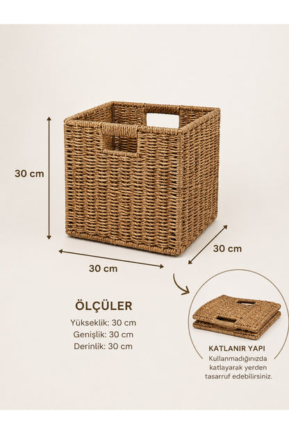 Hasır Düzenleyici Sepet 30x30 cm Doğal El Örgüsü Dekoratif Saklama Sepeti Havlu, Oyuncak, Saksılık ve Dergilik