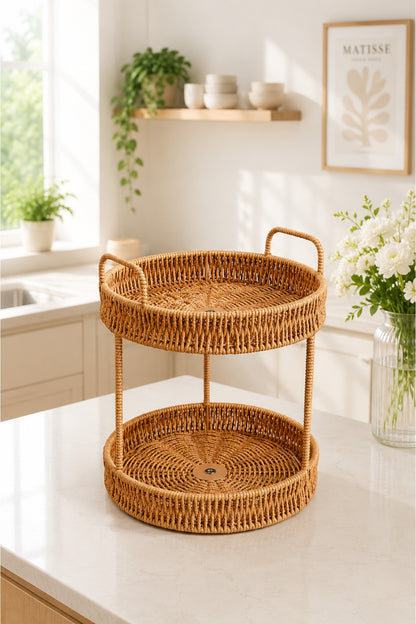 2 Katlı Rattan Organizer Sepet – Mutfak, Banyo ve Makyaj Düzenleyici