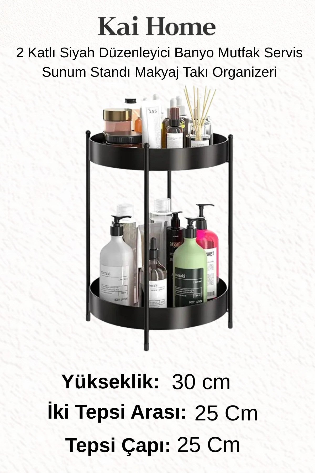 2 Katlı Siyah Düzenleyici Banyo Mutfak Servis Sunum Standı Makyaj Takı Organizeri