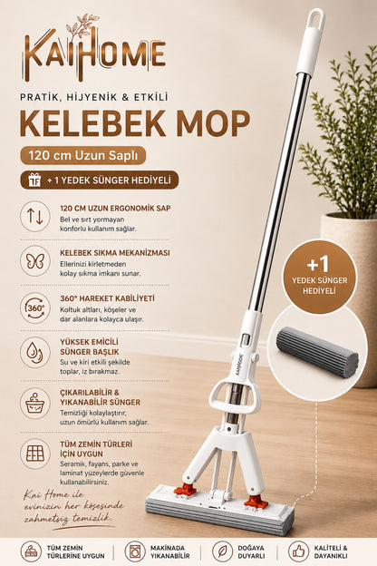 Kelebek Mop Paspas 120 cm Uzun Saplı Sıkmalı Sünger Mop + 1 Yedek Sünger Hediyeli
