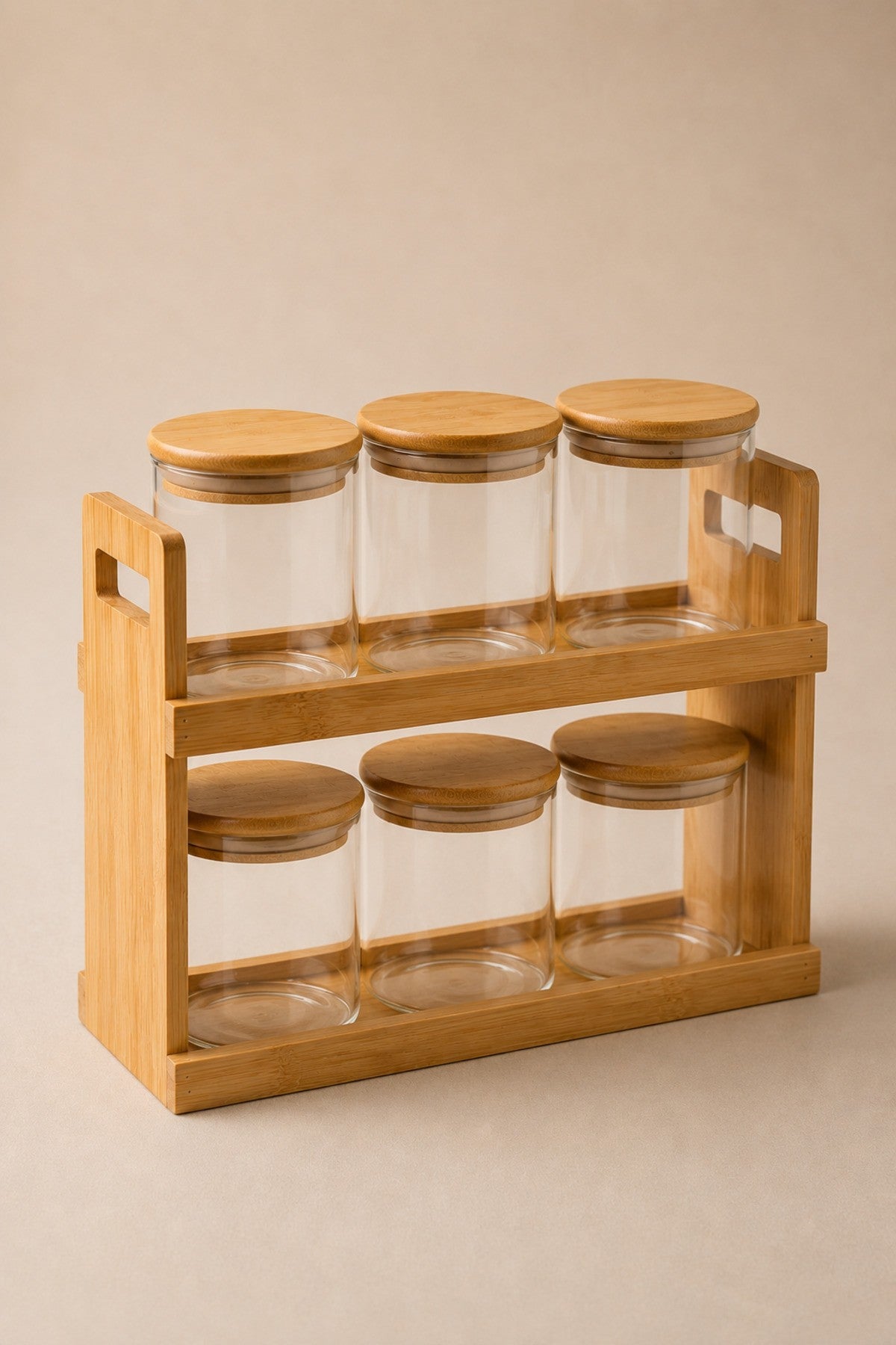 6’lı Bambu Standlı Cam Baharatlık Set Organizer