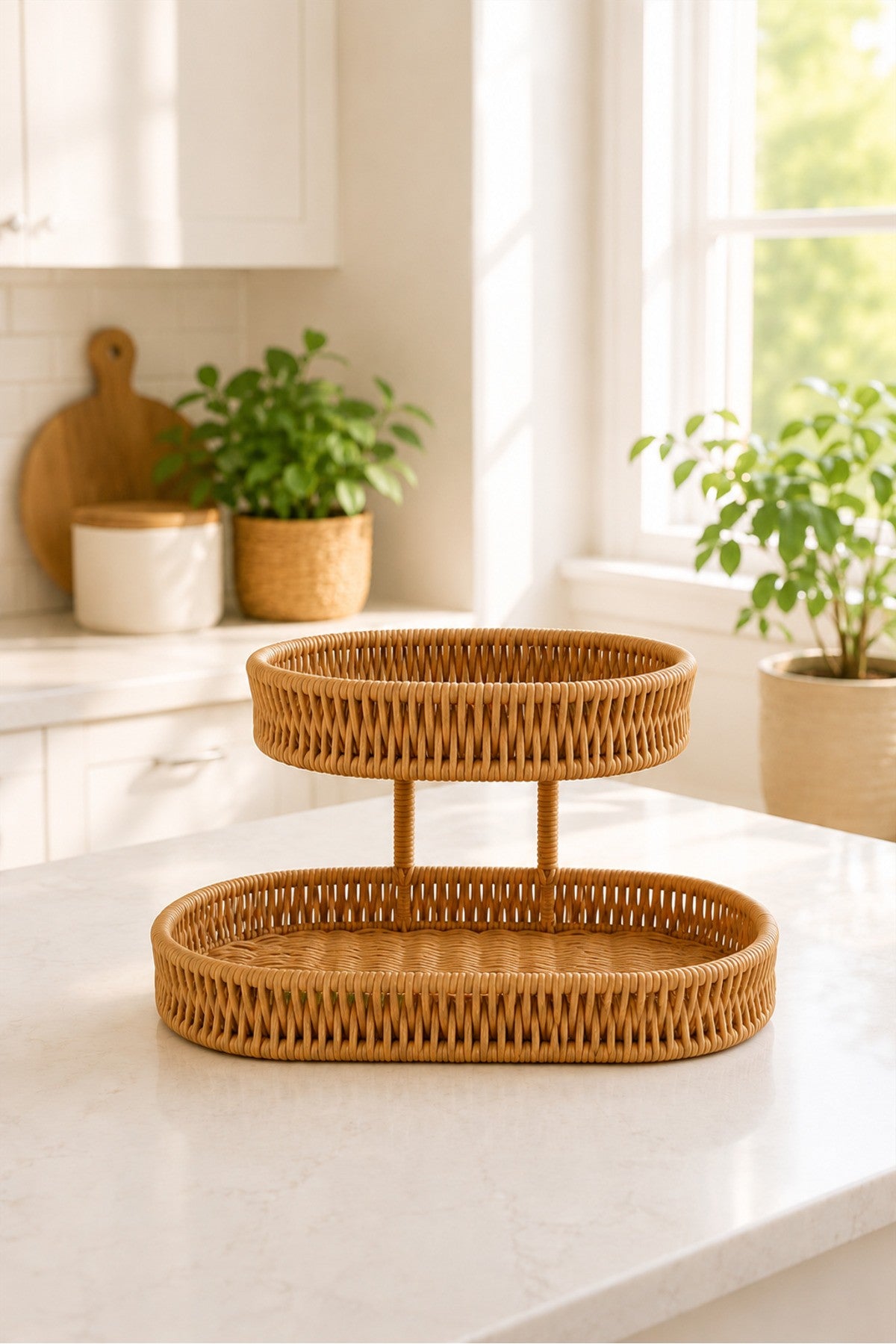 2 Katlı Rattan Meyve Sebze Sepeti Tezgah Üstü Düzenleyici Organizer