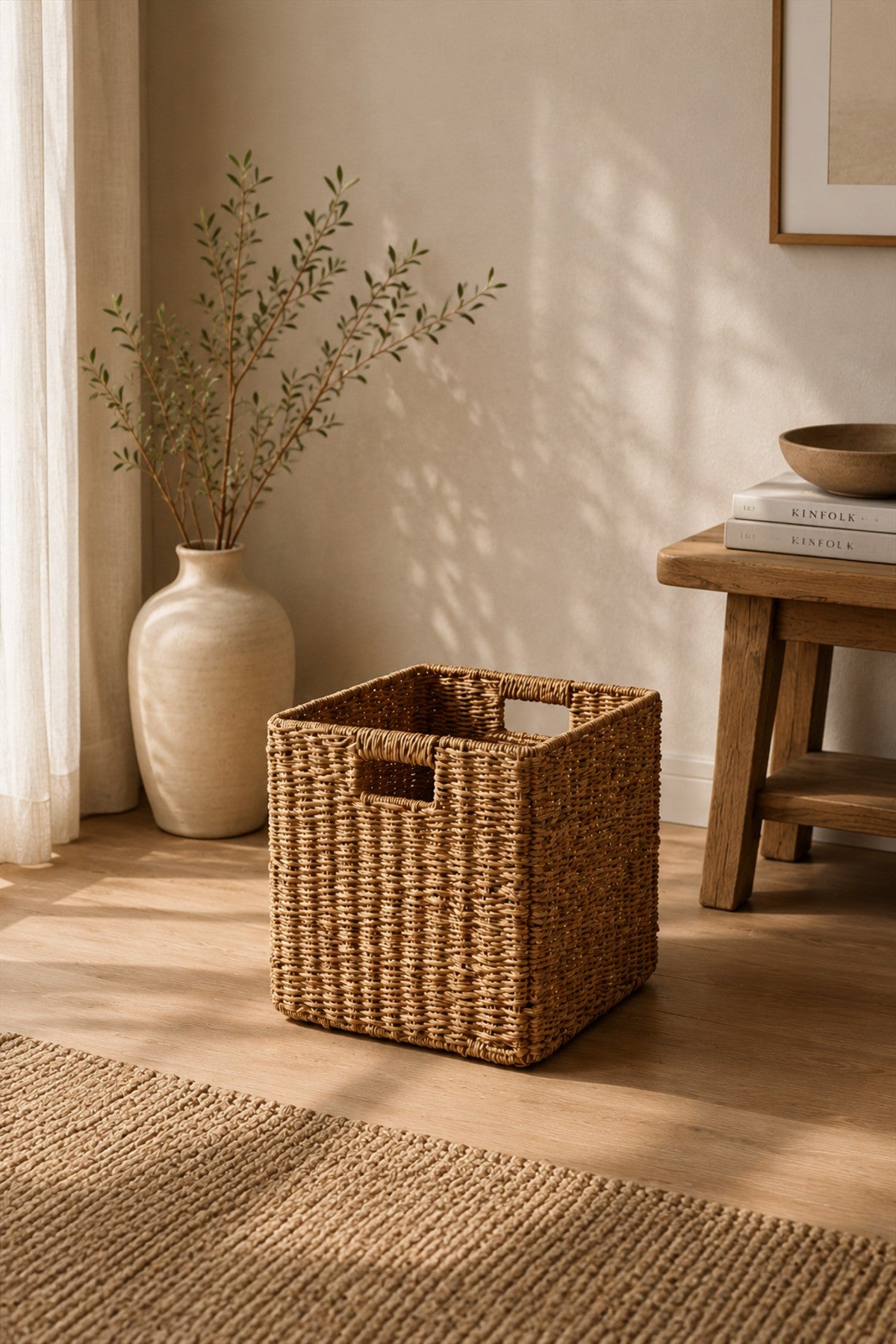 Hasır Düzenleyici Sepet 30x30 cm Doğal El Örgüsü Dekoratif Saklama Sepeti Havlu, Oyuncak, Saksılık ve Dergilik