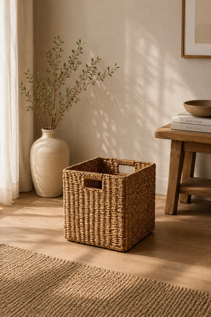 Hasır Düzenleyici Sepet 30x30 cm Doğal El Örgüsü Dekoratif Saklama Sepeti Havlu, Oyuncak, Saksılık ve Dergilik