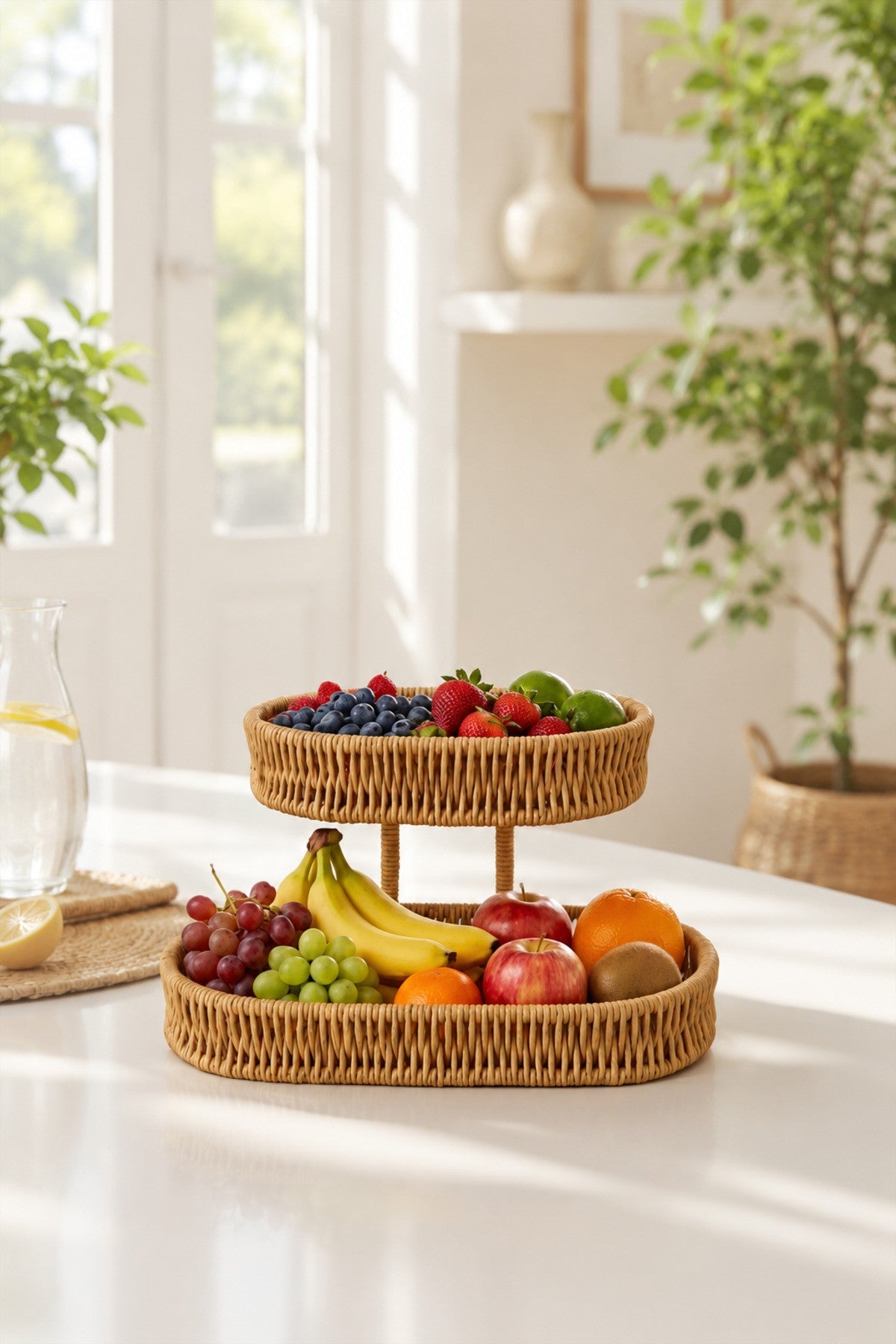 2 Katlı Rattan Meyve Sebze Sepeti Tezgah Üstü Düzenleyici Organizer