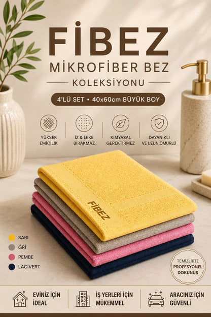 Fibez 4’lü Premium Yüzey Parlatıcı Cam Bezi, Temizlik Bezi, Kurulama Bezi, Mikrofiber Bez - 40x60cm Renkli Bez Seti