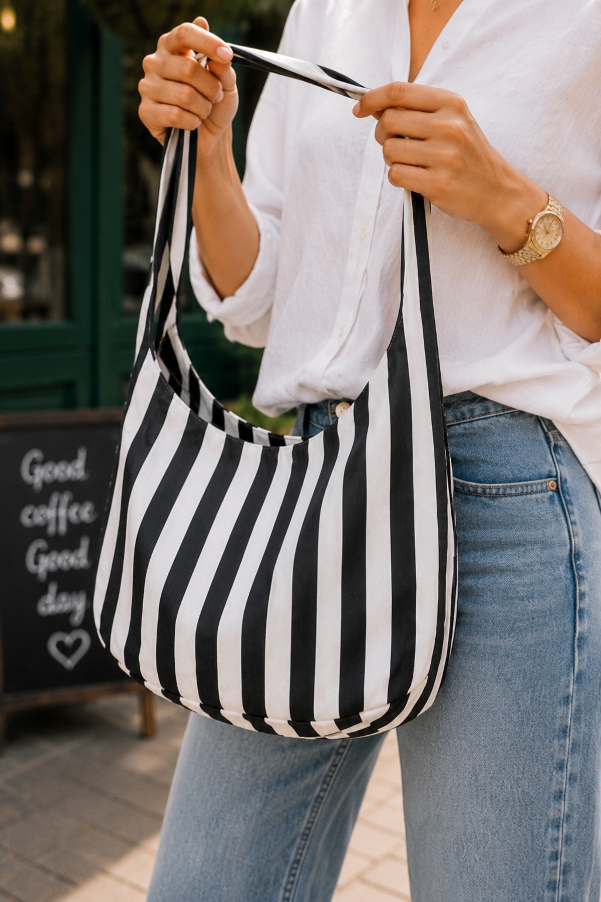 Stripe Bağlama Kulp Çanta / Tote